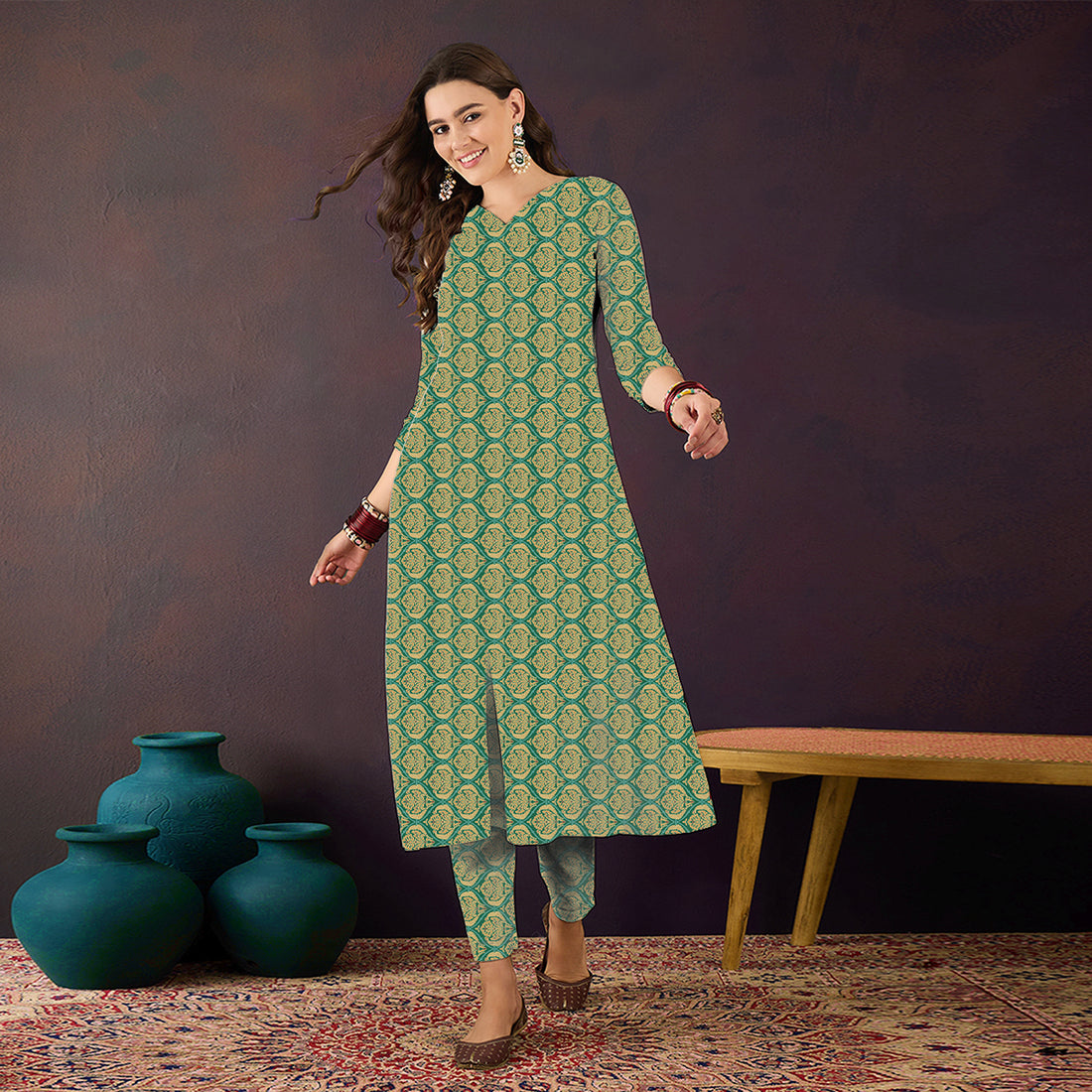 Green And Yellow Mughal Pattern Digital Print