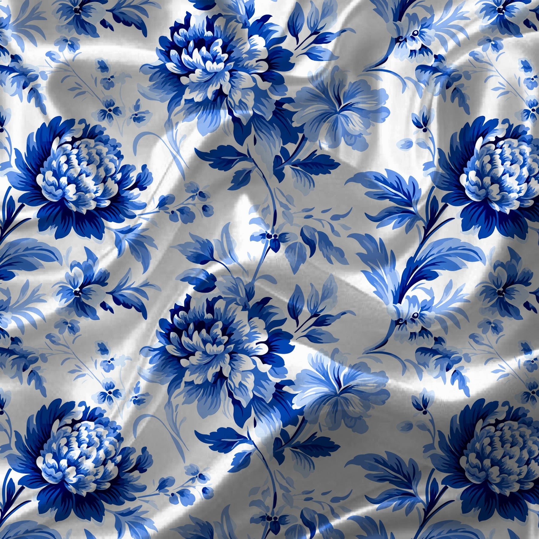 Blue and White Floral Fabric Digital Print - rarefindfabrics
