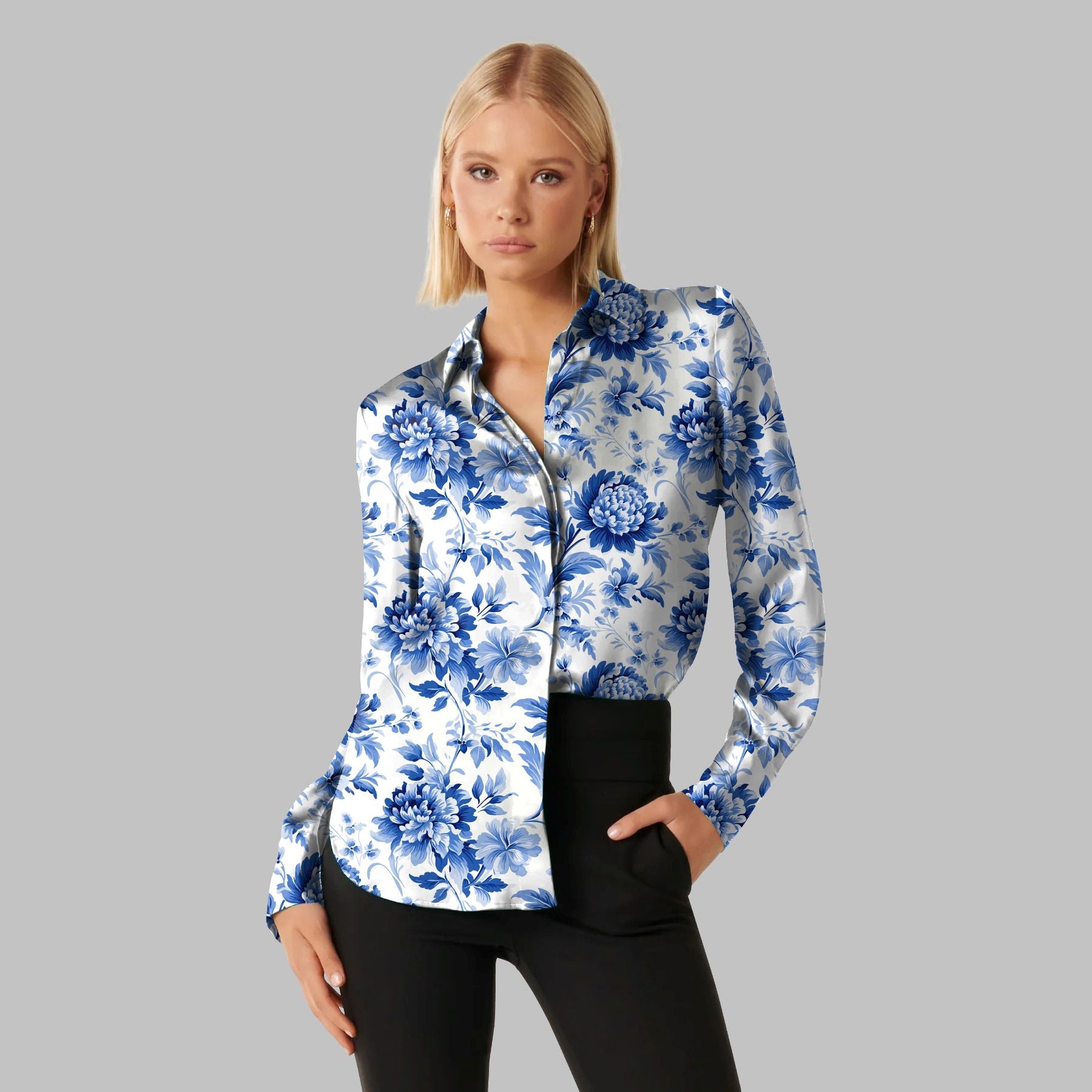 Blue and White Floral Fabric Digital Print - rarefindfabrics