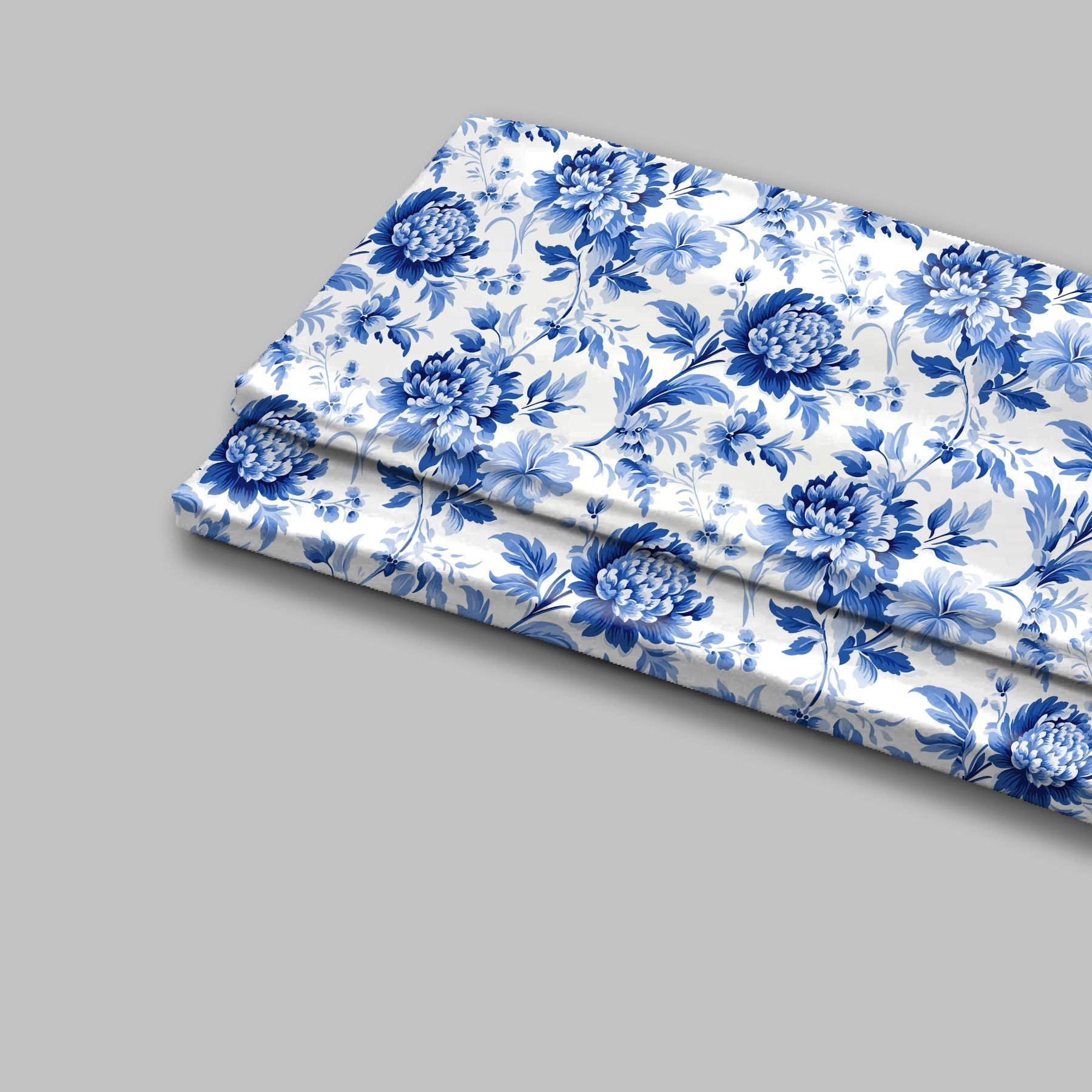 Blue and White Floral Fabric Digital Print - rarefindfabrics
